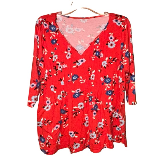 Woman Within Tops - Woman‎ Within Red Floral Pleated Blouse Top Size 14/16 3/4 Sleeve Cottagecore